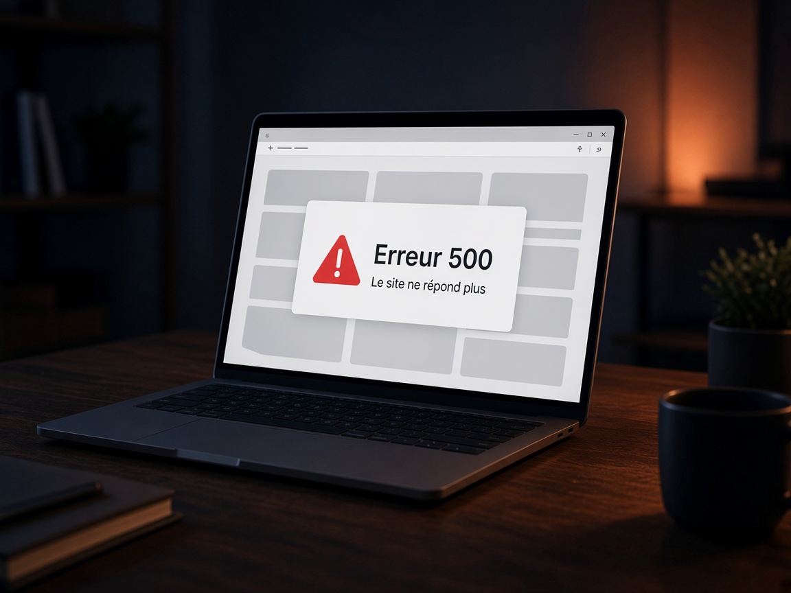 Ordinateur portable dans un bureau, écran affichant une erreur 500 : le site ne répond plus